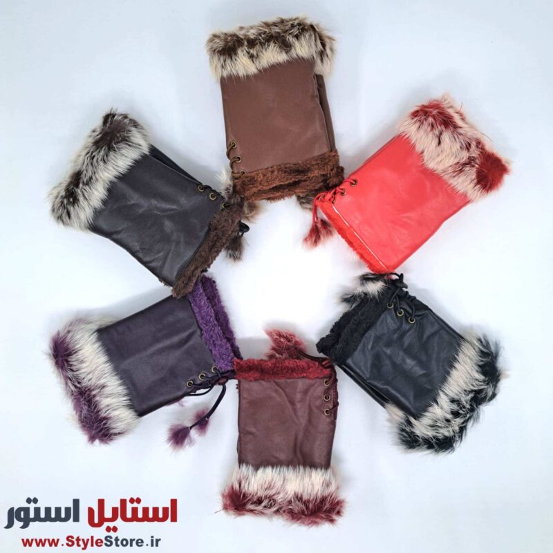 دستکش زنانه مدل نیم انگشتی خز دار کد 1062 رنگ قهوه ای