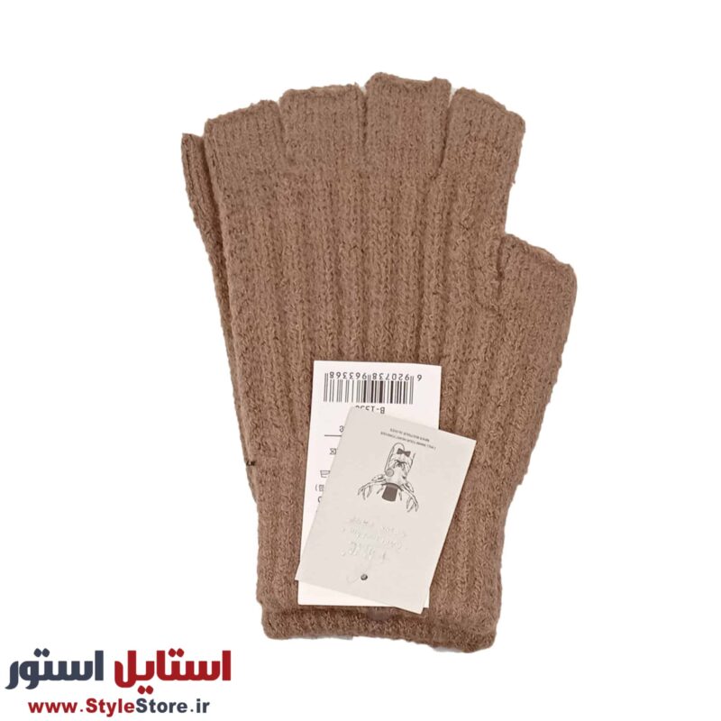 دستکش بافتنی مدل نیم انگشتی رنگ نسکافه ای