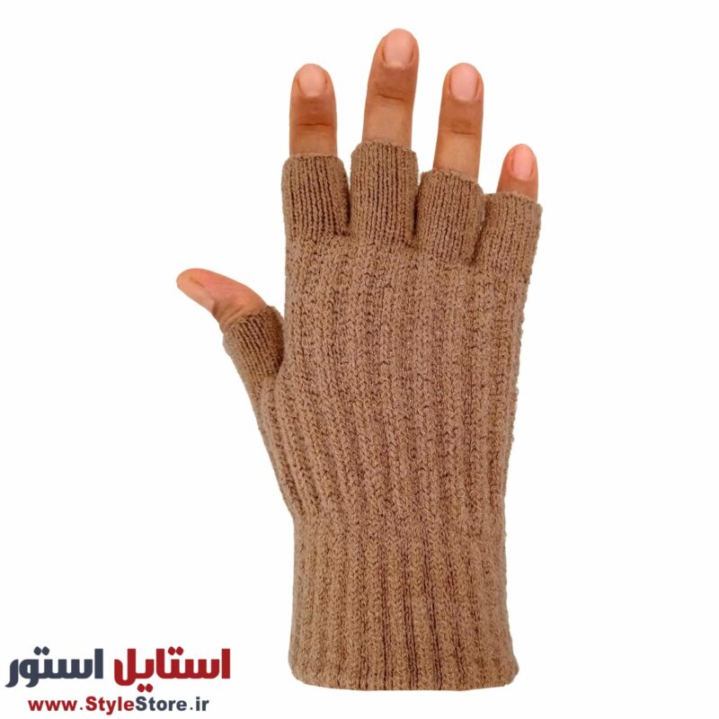 دستکش بافتنی مدل نیم انگشتی رنگ نسکافه ای