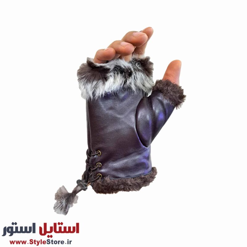 دستکش زنانه بدون انگشت خز دار کد 1061 رنگ قهوه ای تیره