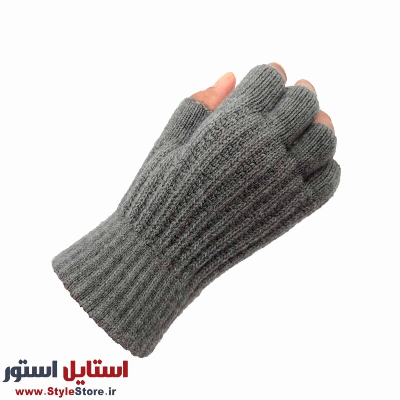 دستکش بافتنی مدل نیم انگشتی رنگ طوسی