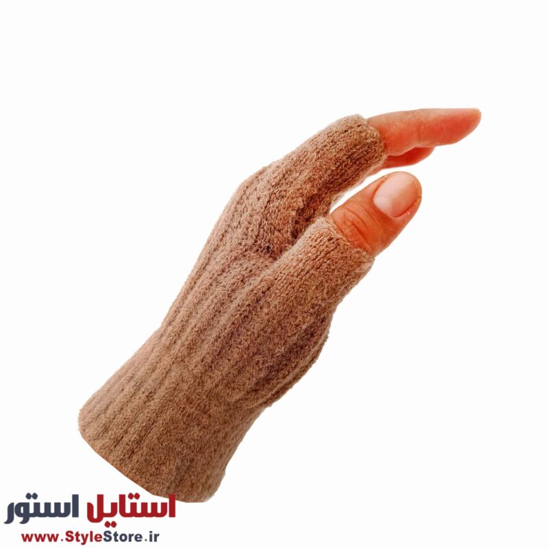 دستکش بافتنی مدل نیم انگشتی رنگ نسکافه ای