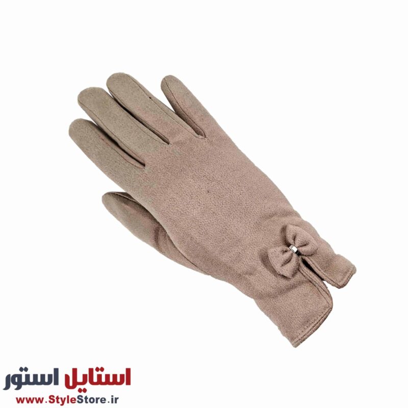 دستکش زنانه مدل جیر پاپیونی رنگ خاکی