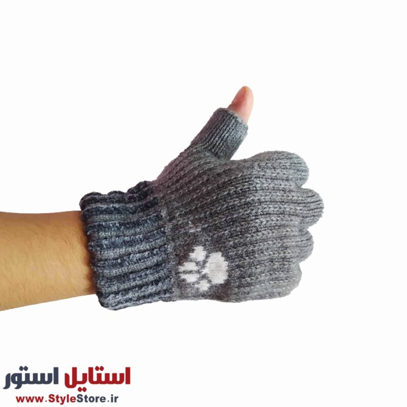 دستکش بافتنی پسرانه مدل نیم انگشتی رنگ خاکستری
