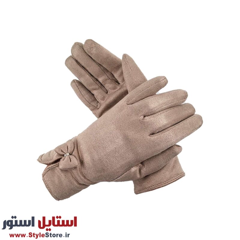 دستکش زنانه مدل جیر پاپیونی رنگ خاکی