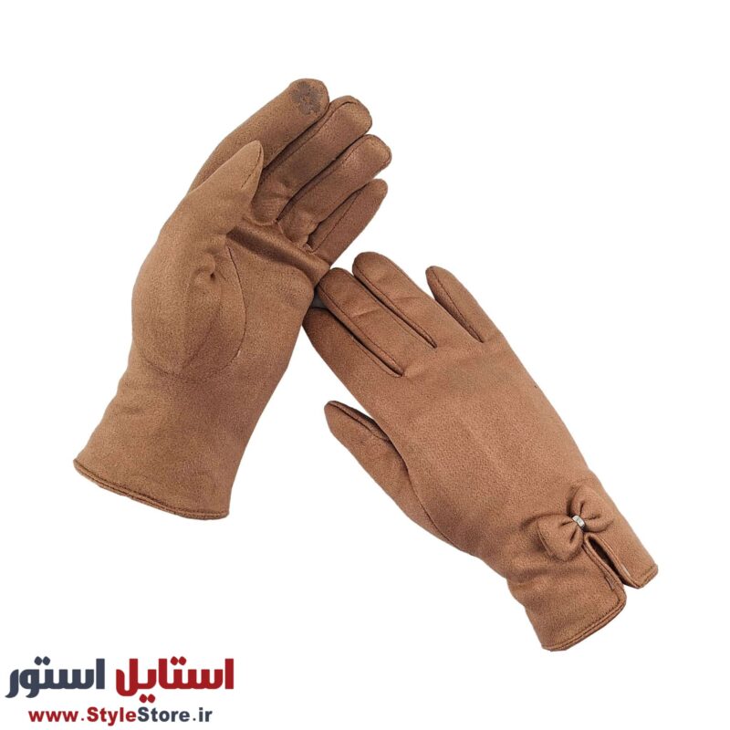دستکش زنانه مدل جیر پاپیونی رنگ نسکافه ای
