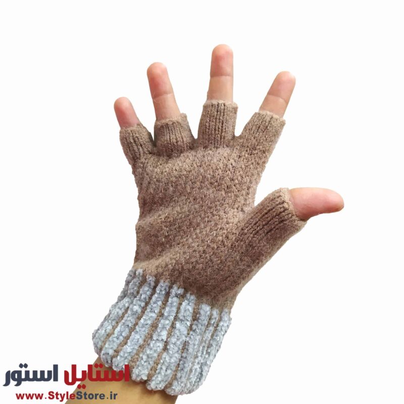 دستکش بافتنی بچگانه مدل نیم انگشتی رنگ نسکافه ای