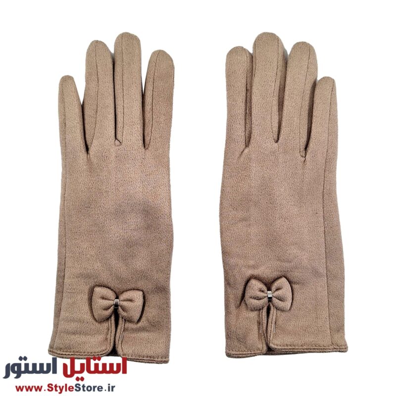 دستکش زنانه مدل جیر پاپیونی رنگ خاکی