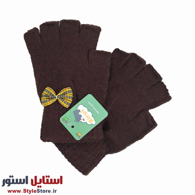 دستکش بافتنی دخترانه نیم انگشتی طرح پاپیون کد 1094