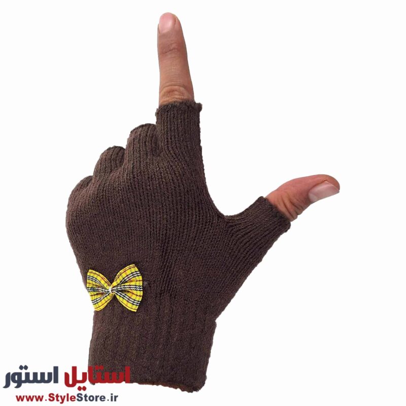 دستکش بافتنی دخترانه نیم انگشتی طرح پاپیون کد 1094