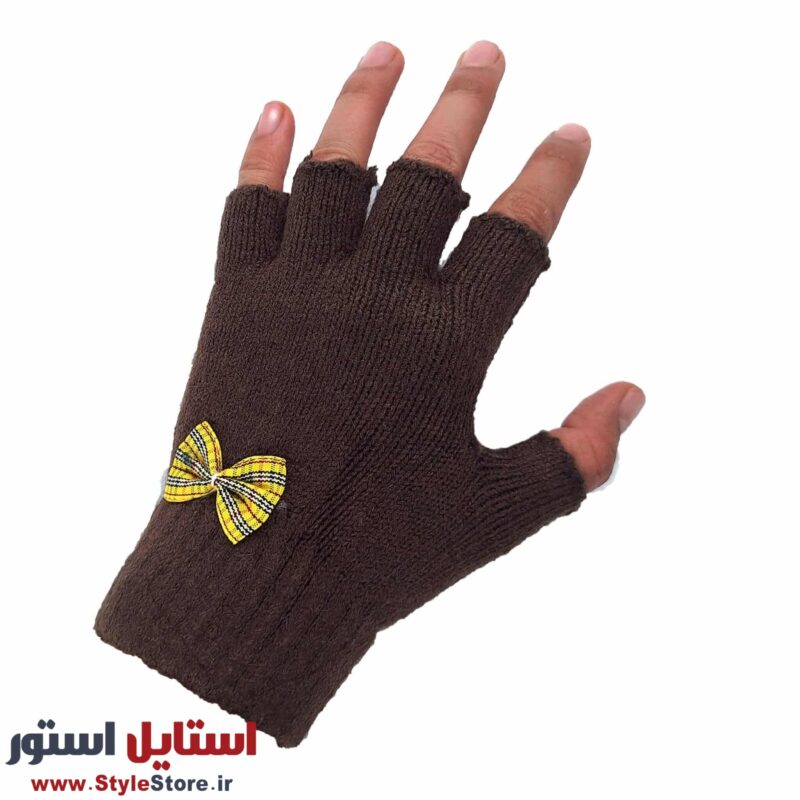 دستکش بافتنی دخترانه نیم انگشتی طرح پاپیون کد 1094