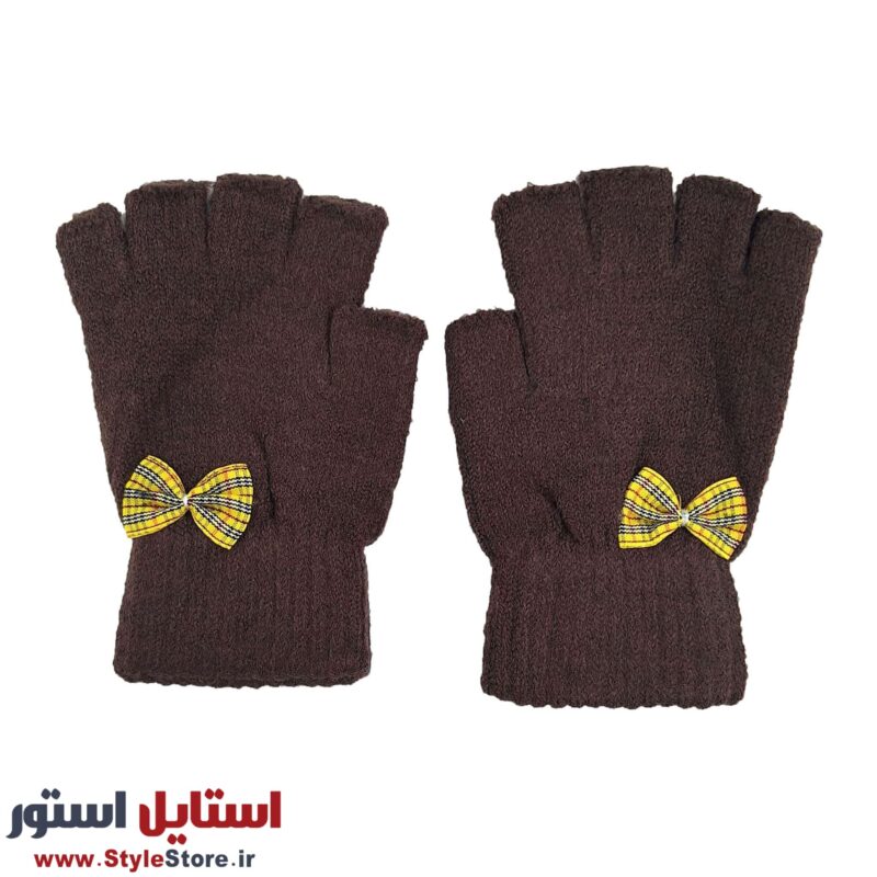 دستکش بافتنی دخترانه نیم انگشتی طرح پاپیون کد 1094