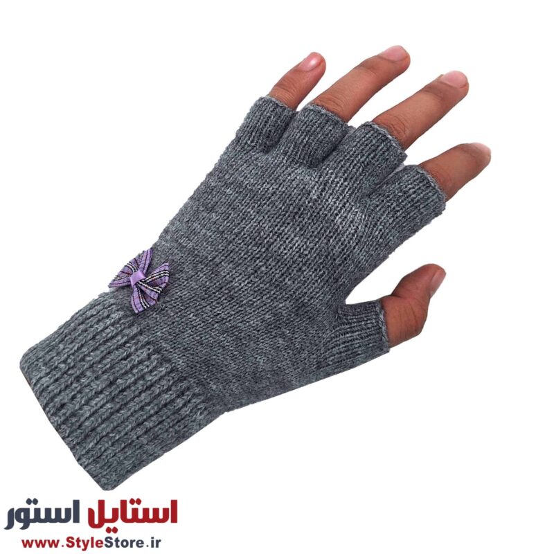 دستکش بافتنی دخترانه نیم انگشتی طرح پاپیون کد 1094
