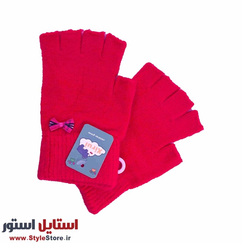 دستکش بافتنی دخترانه نیم انگشتی طرح پاپیون کد 1094