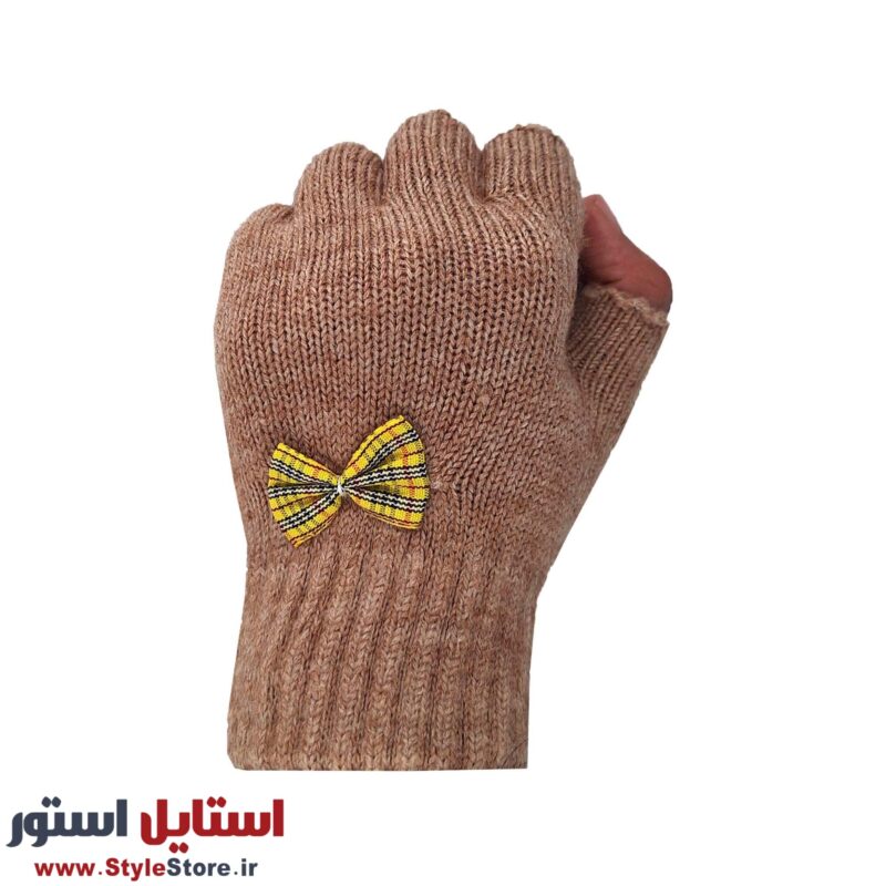 دستکش بافتنی دخترانه نیم انگشتی طرح پاپیون کد 1094