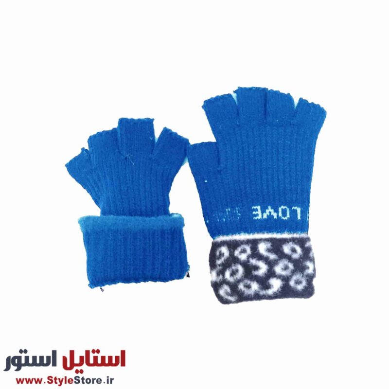 دستکش بافتنی نیم انگشتی زنانه طرح LOVE کد 1528 رنگ آبی