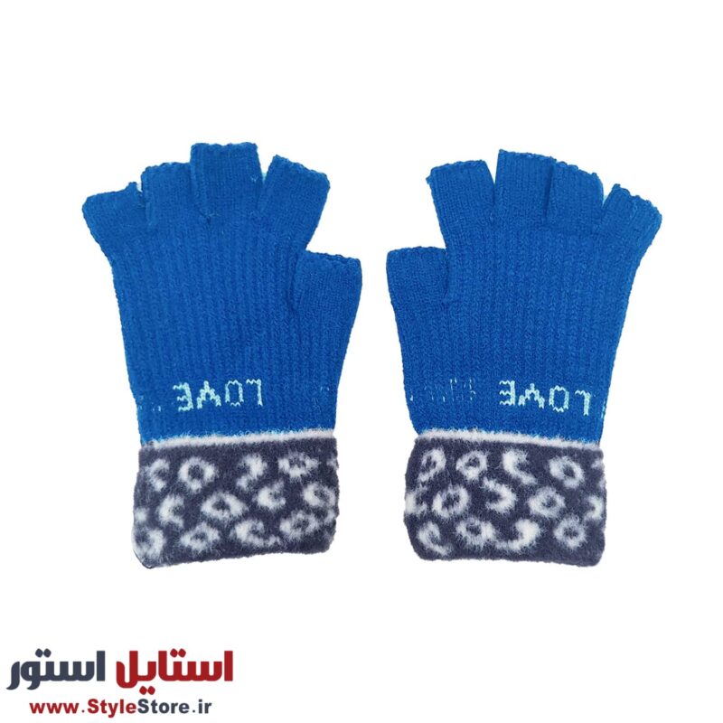 دستکش بافتنی نیم انگشتی زنانه طرح LOVE کد 1528 رنگ آبی