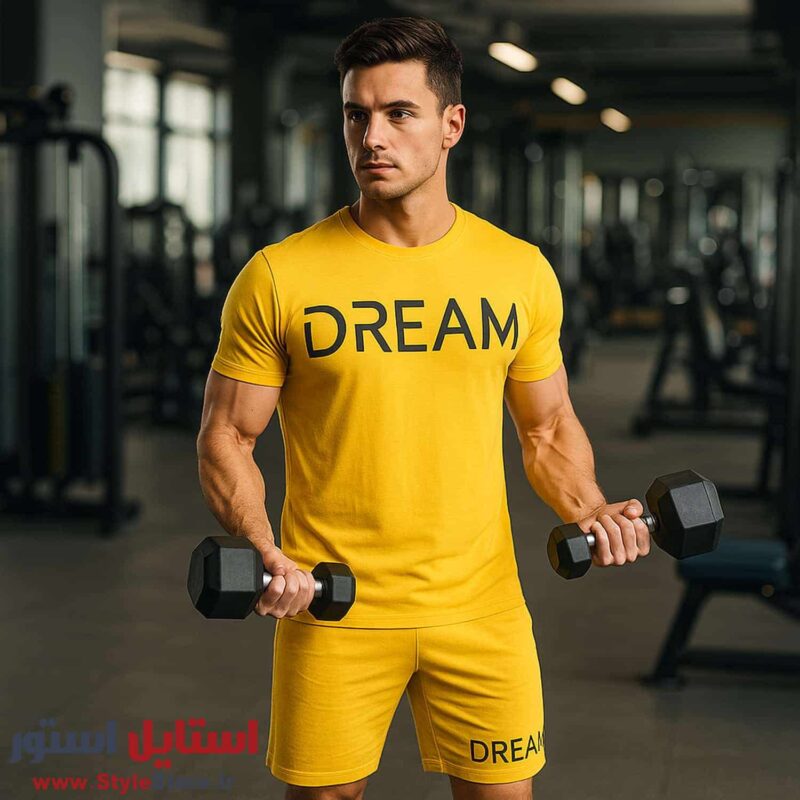ست تیشرت و شلوارک مردانه طرح Dream کد 1565 رنگ زرد