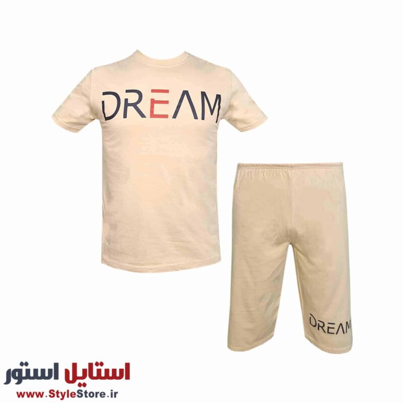 ست تیشرت و شلوارک مردانه طرح Dream کد 1565 رنگ کرم