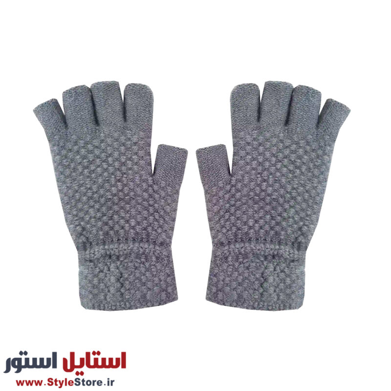دستکش بافتنی نیم انگشتی کد 1472 رنگ طوسی روشن